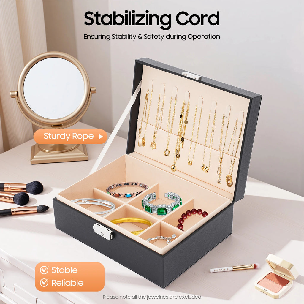 2 Tier PVC Schmuck Organizer Jewelry Box with Sturdy Rope and A Key for Storing Rings, Earrings, Bracelets, Brooches, Watches