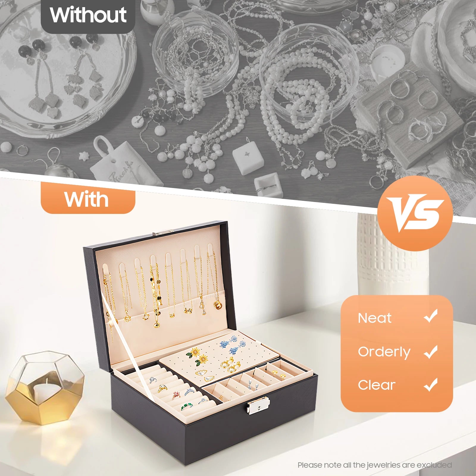 2 Tier PVC Schmuck Organizer Jewelry Box with Sturdy Rope and A Key for Storing Rings, Earrings, Bracelets, Brooches, Watches