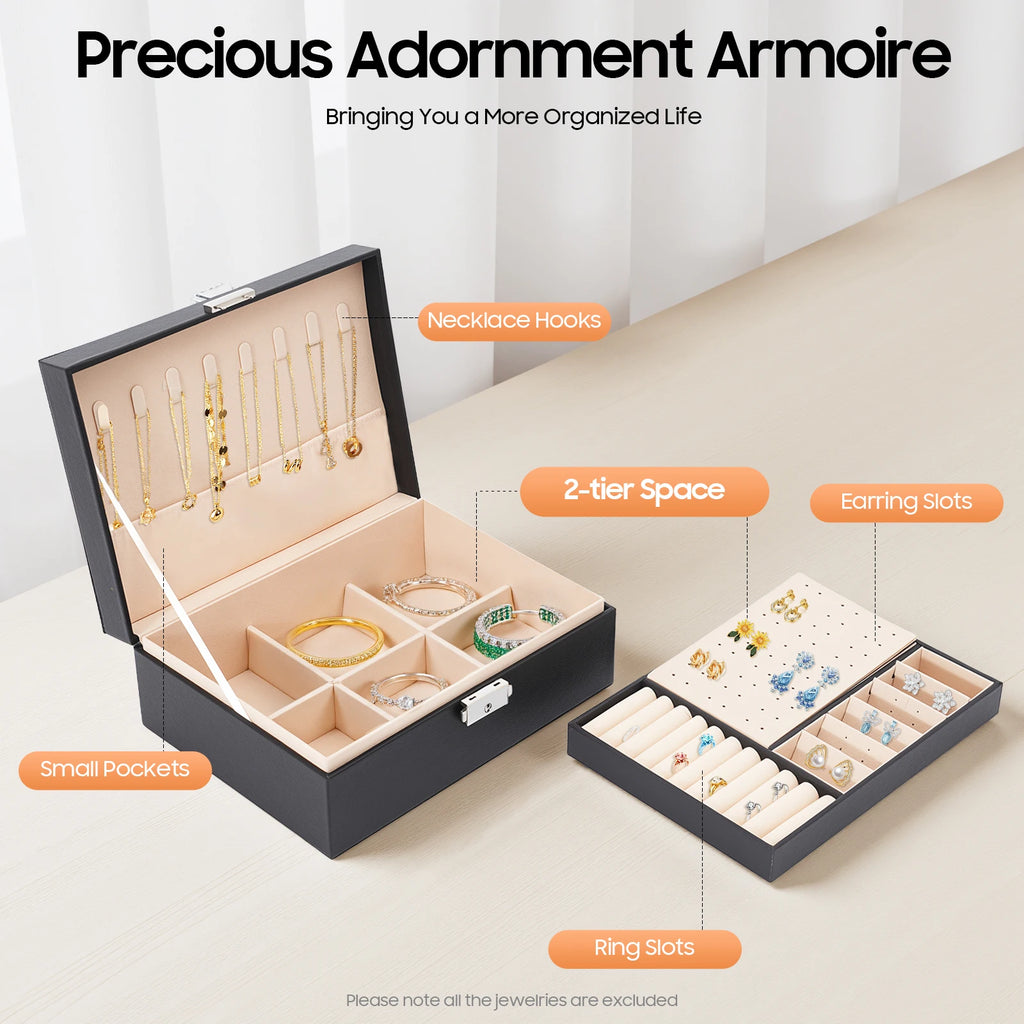 2 Tier PVC Schmuck Organizer Jewelry Box with Sturdy Rope and A Key for Storing Rings, Earrings, Bracelets, Brooches, Watches