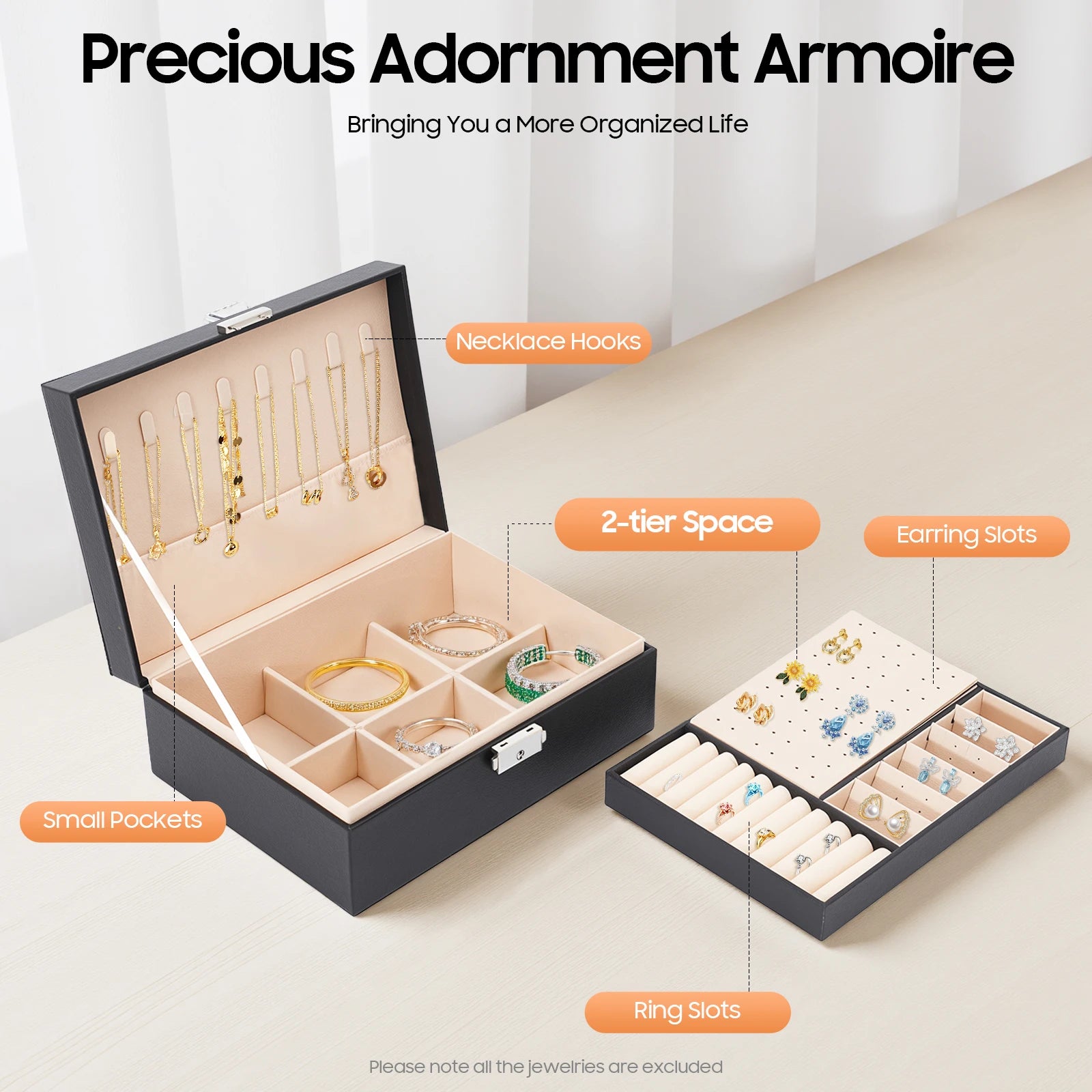 2 Tier PVC Schmuck Organizer Jewelry Box with Sturdy Rope and A Key for Storing Rings, Earrings, Bracelets, Brooches, Watches