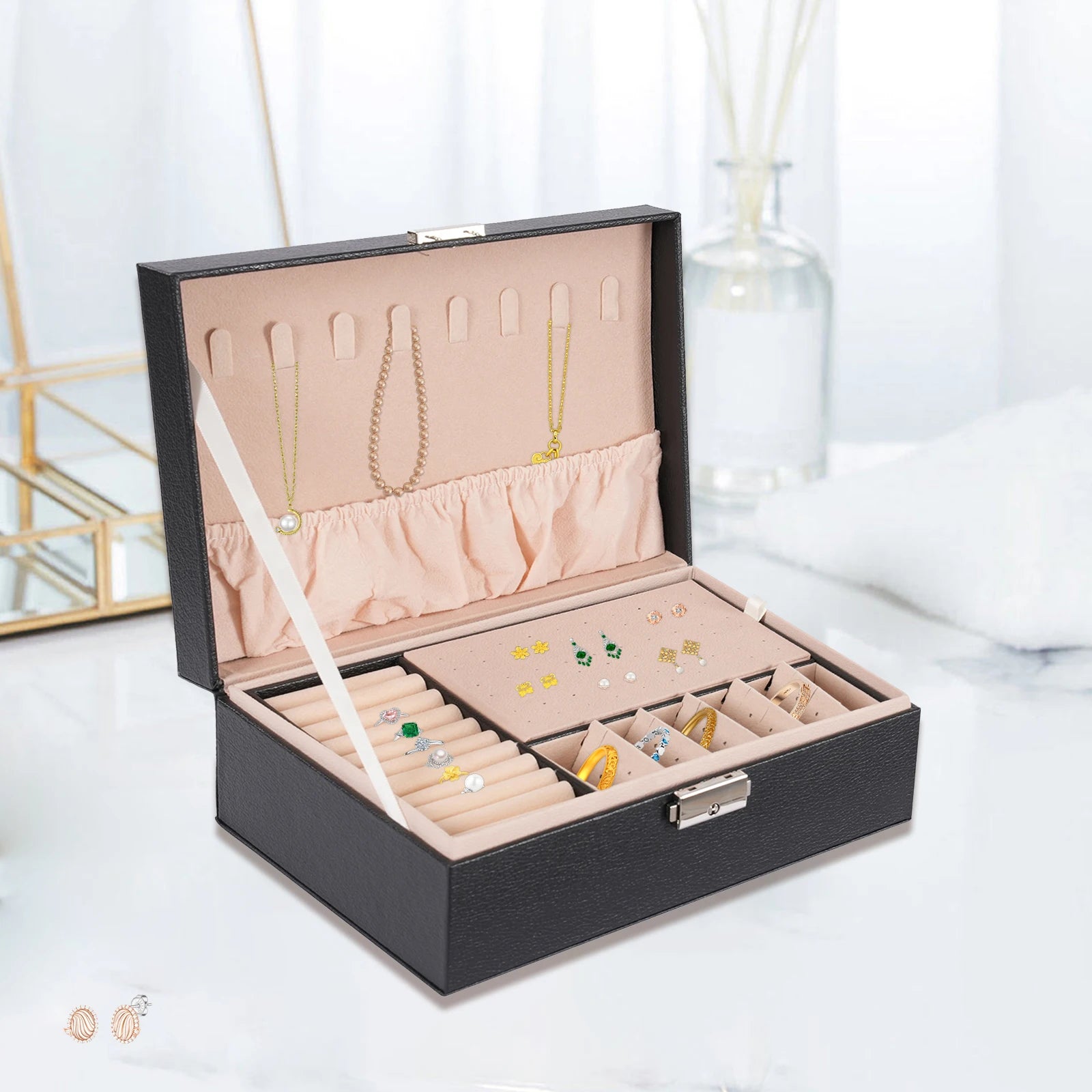 2 Tier PVC Schmuck Organizer Jewelry Box with Sturdy Rope and A Key for Storing Rings, Earrings, Bracelets, Brooches, Watches