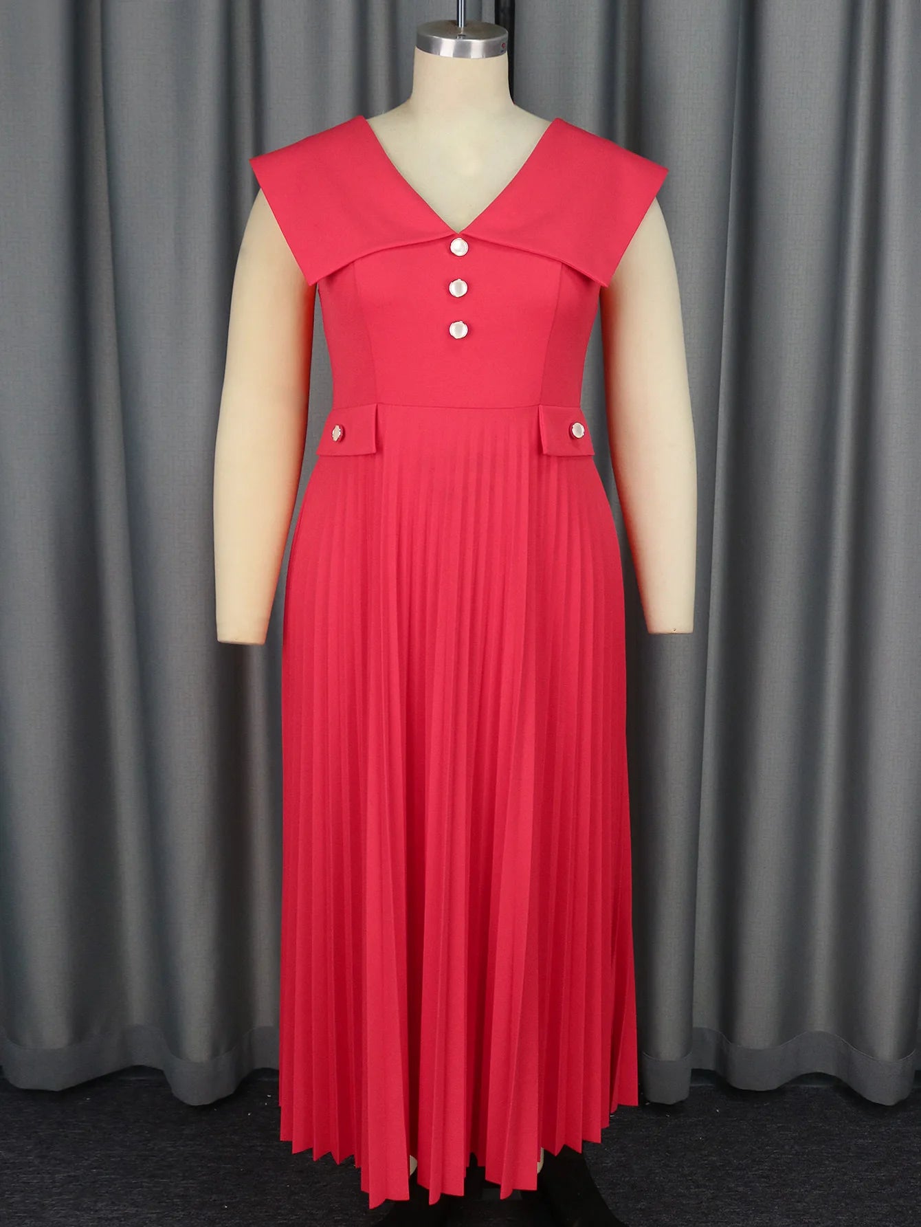 Spring 2025 Light Luxury Elegant Wind V-Neck Sleeveless Pleated Skirt High-Waist Dress for Formal Occasions Large Size Available