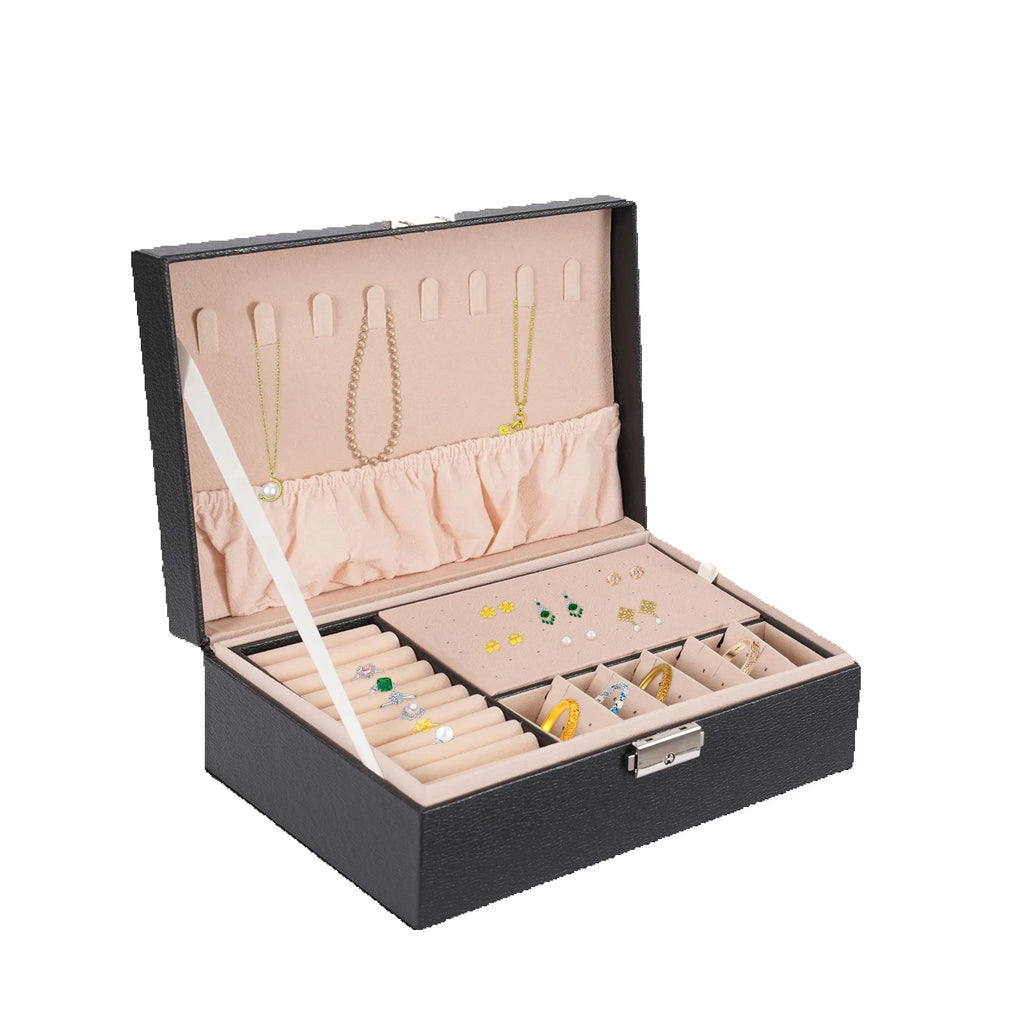 2 Tier PVC Schmuck Organizer Jewelry Box with Sturdy Rope and A Key for Storing Rings, Earrings, Bracelets, Brooches, Watches
