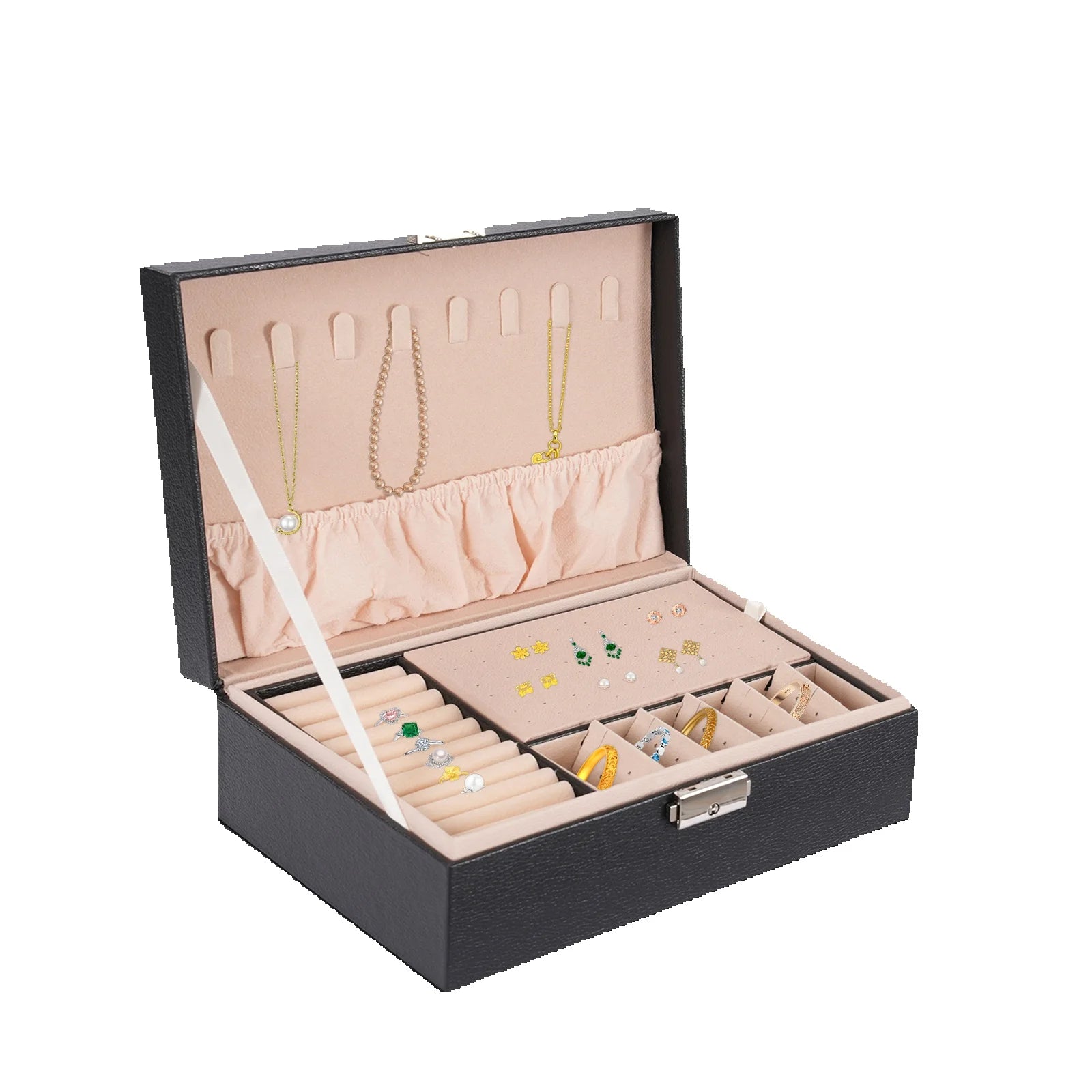 2 Tier PVC Schmuck Organizer Jewelry Box with Sturdy Rope and A Key for Storing Rings, Earrings, Bracelets, Brooches, Watches
